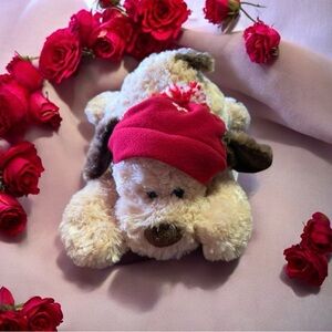 New~Stuffed Brown & Tan Dog~Plush Toy~Red & White Winter Hat~Valentines Day